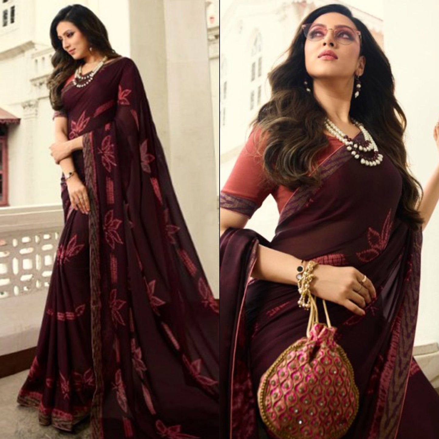 Wine Printed Art Silk Saree With Lace Border