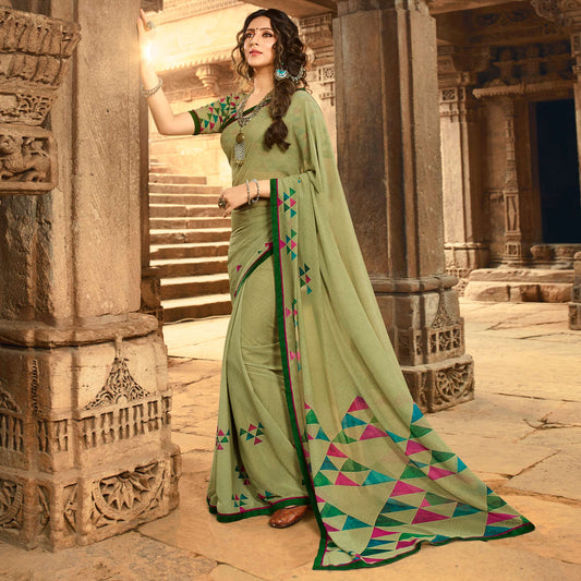 Green Printed Georgette Saree With Lace Border