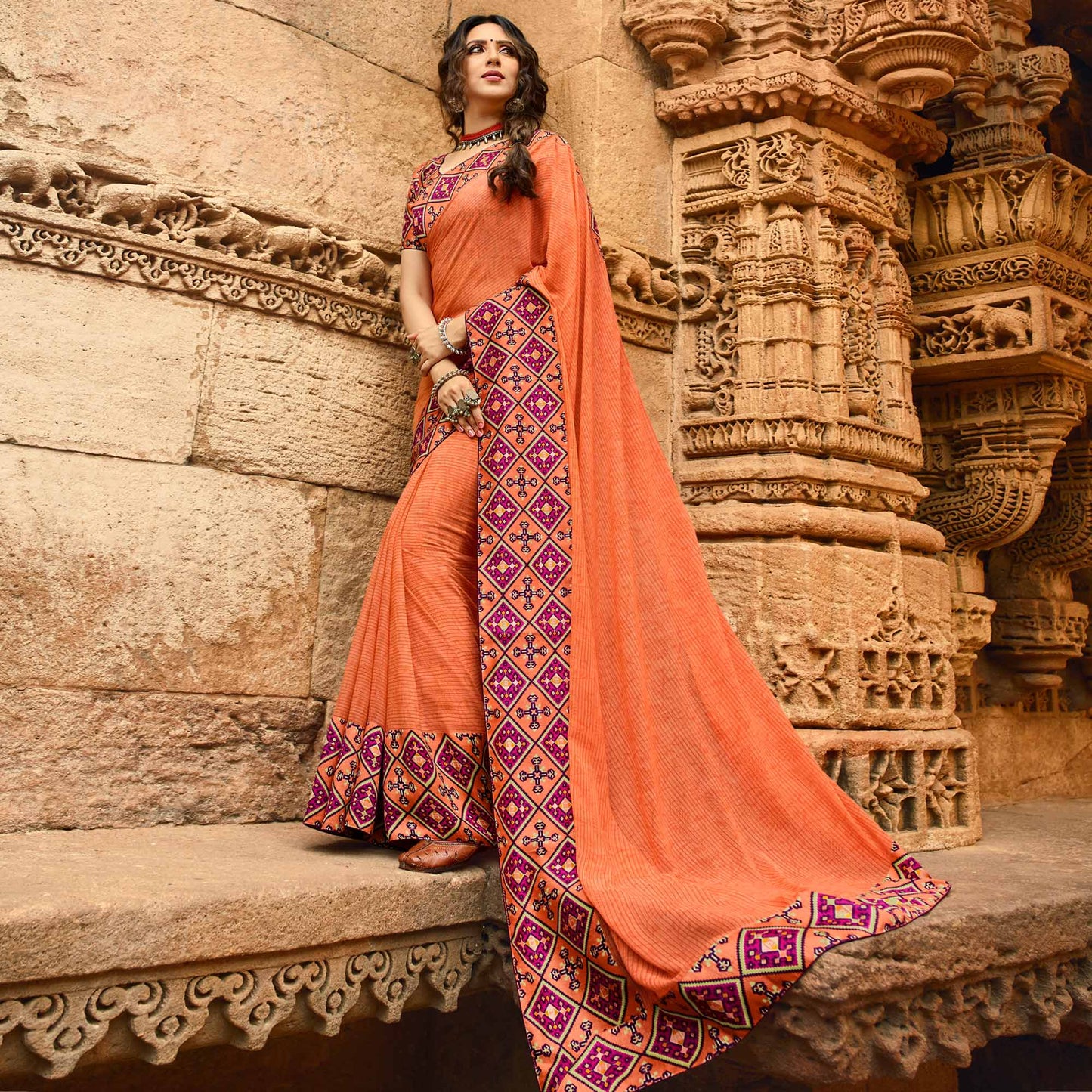 Orange Printed Georgette Saree With Lace Border