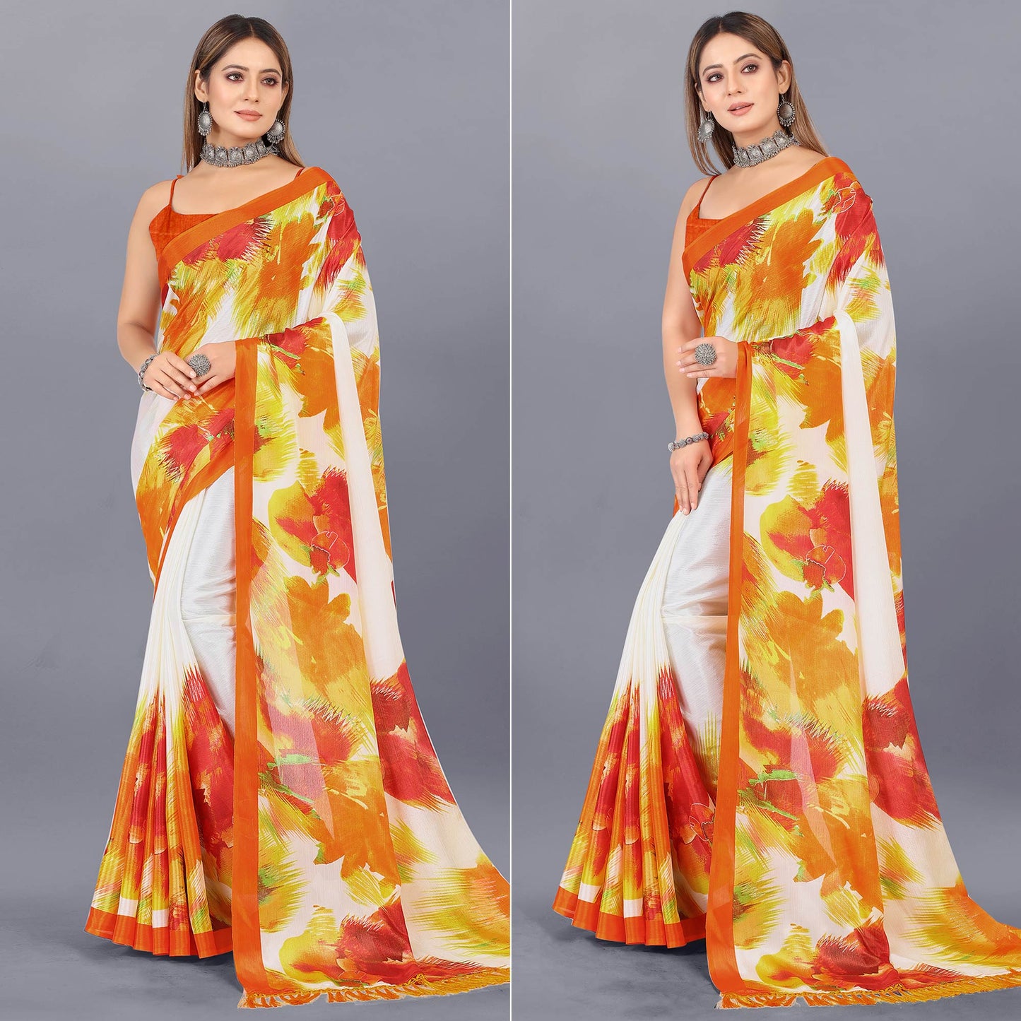 Off White & Orange Foil Printed Chiffon Saree With Tassels