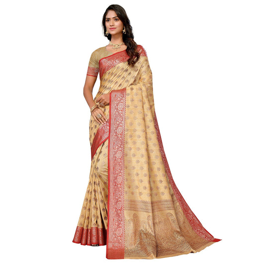 Beige Floral Woven Banarasi Silk Saree