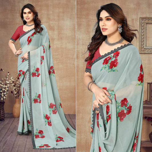 Grey Floral Printed Georgette Saree With Lace Border