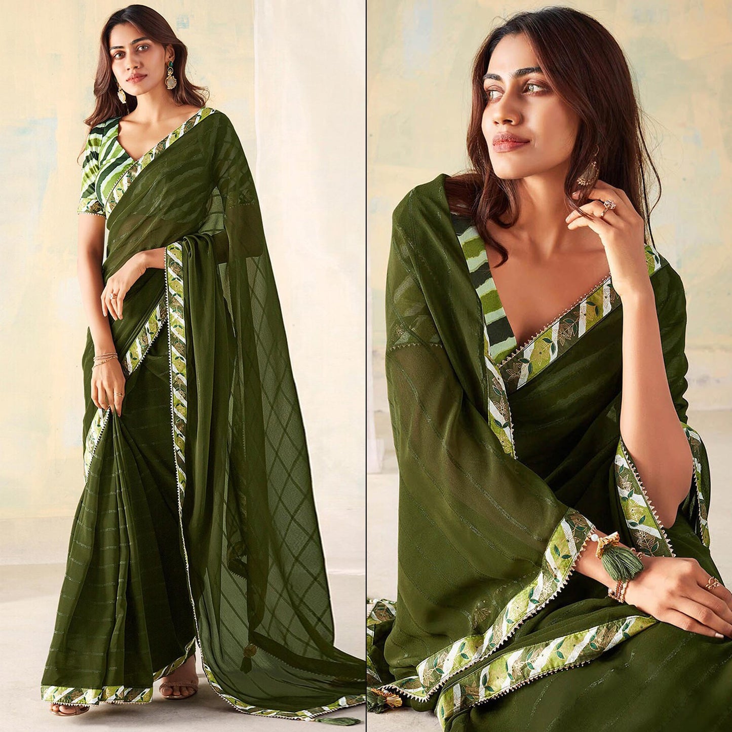 Mehendi Green Woven Georgette Saree With Lace Border