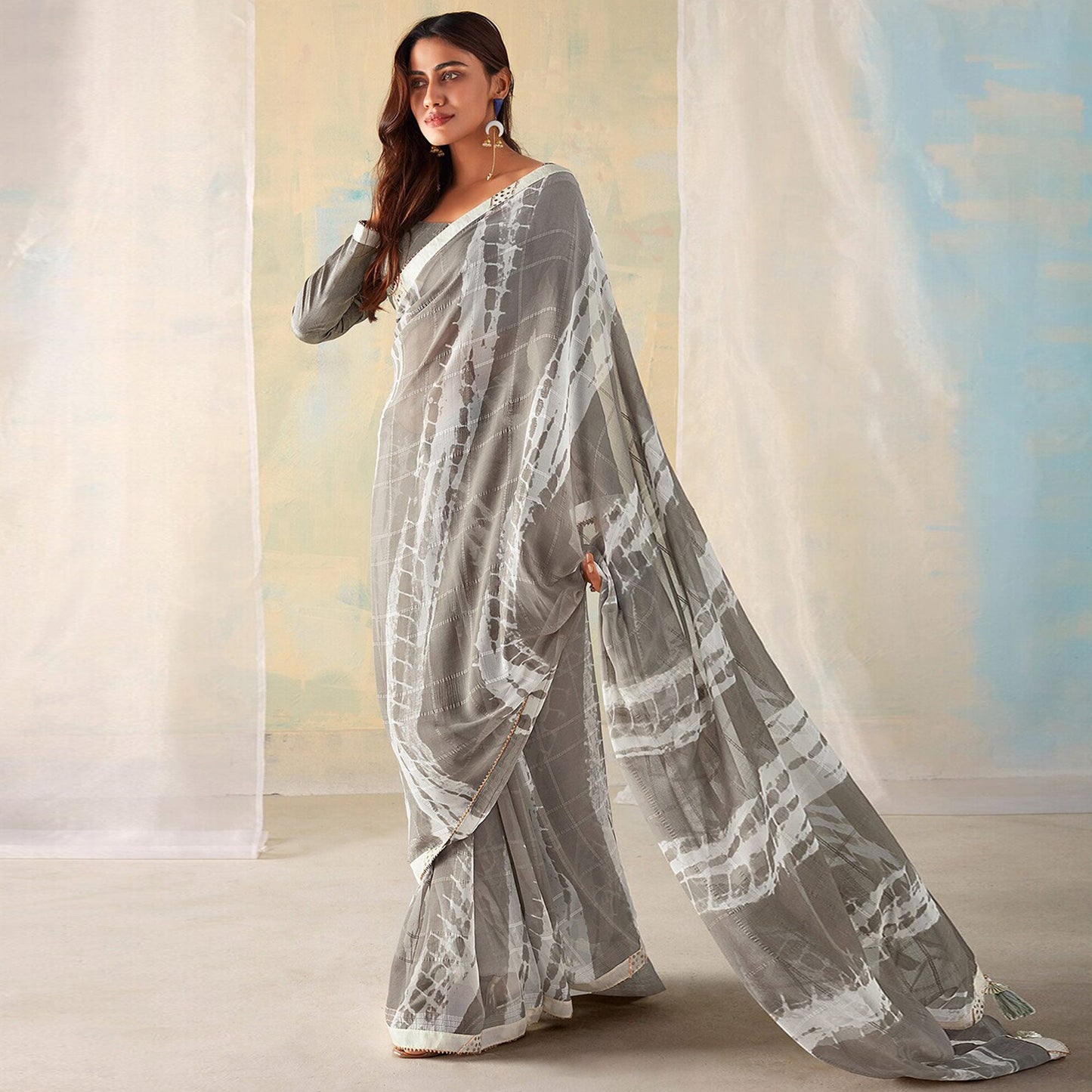 Grey Woven With Shibori Printed Georgette Saree