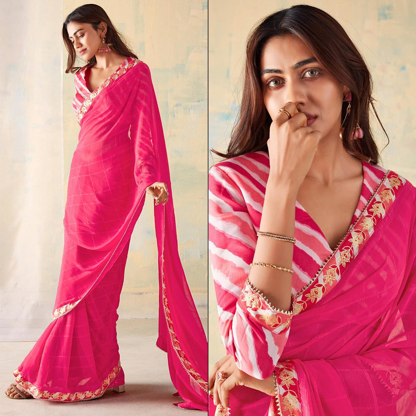 Pink Woven With Gota Patti Border Georgette Saree With Tassels