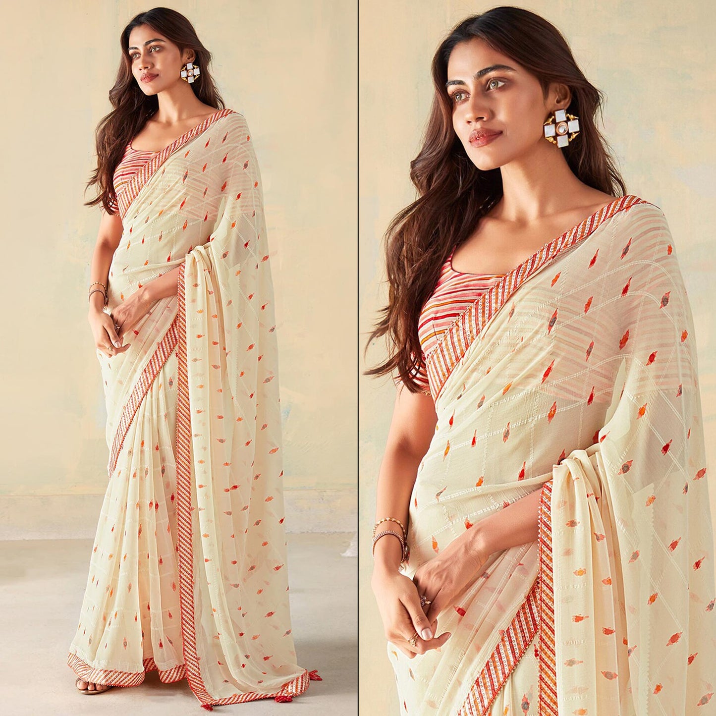 Cream Woven With Digital Printed Georgette Saree