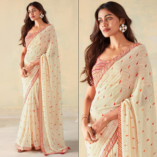 Cream Woven With Digital Printed Georgette Saree