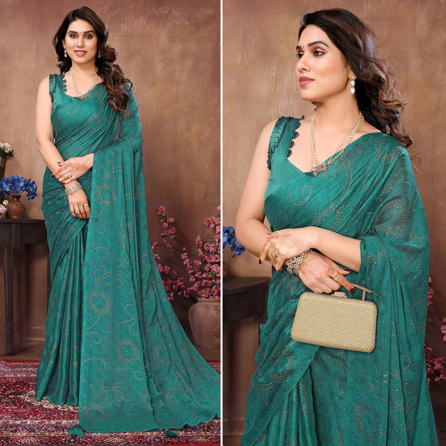 Rama Green Mukaish With Foil Printed Silk Saree With Tassels