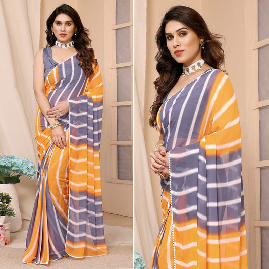 Mustard & Grey Leheriya Printed Ready To Wear Georgette Saree