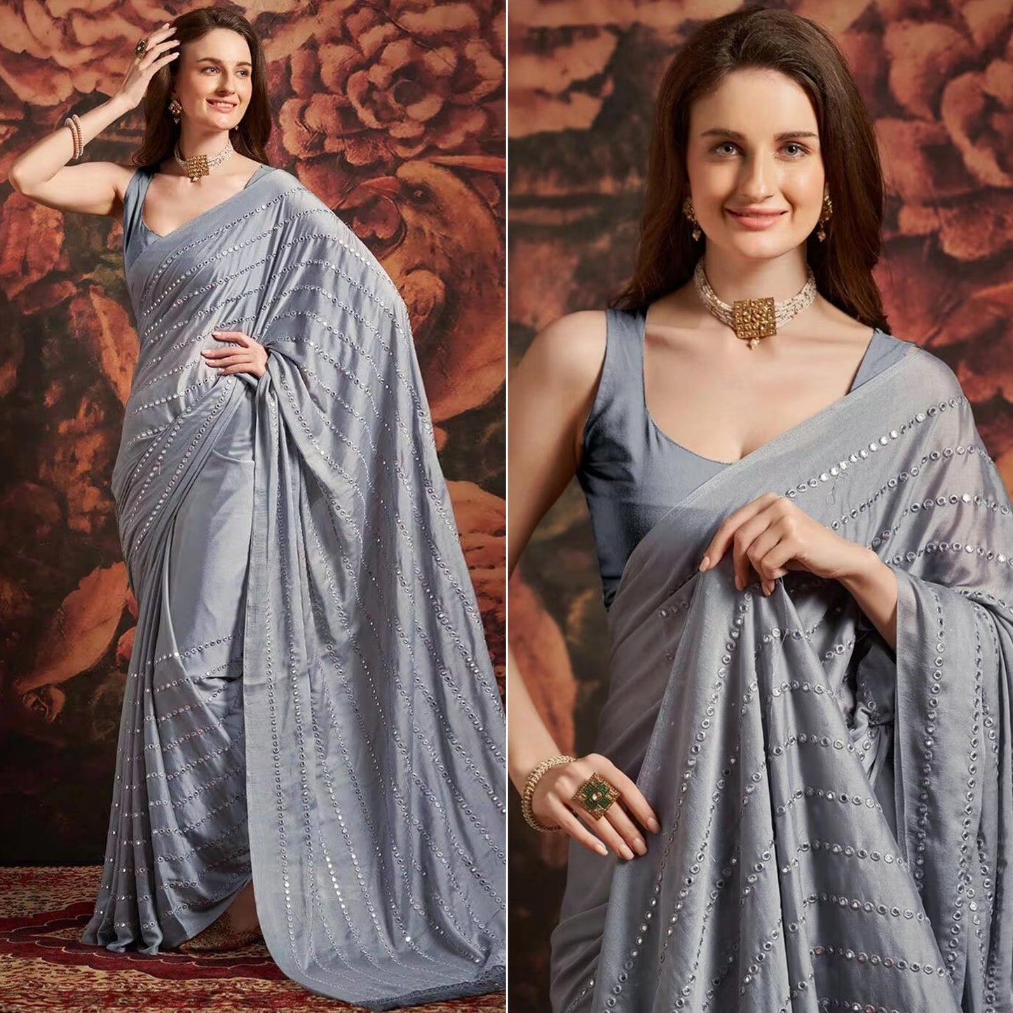 Grey Embroidered Art Silk Saree