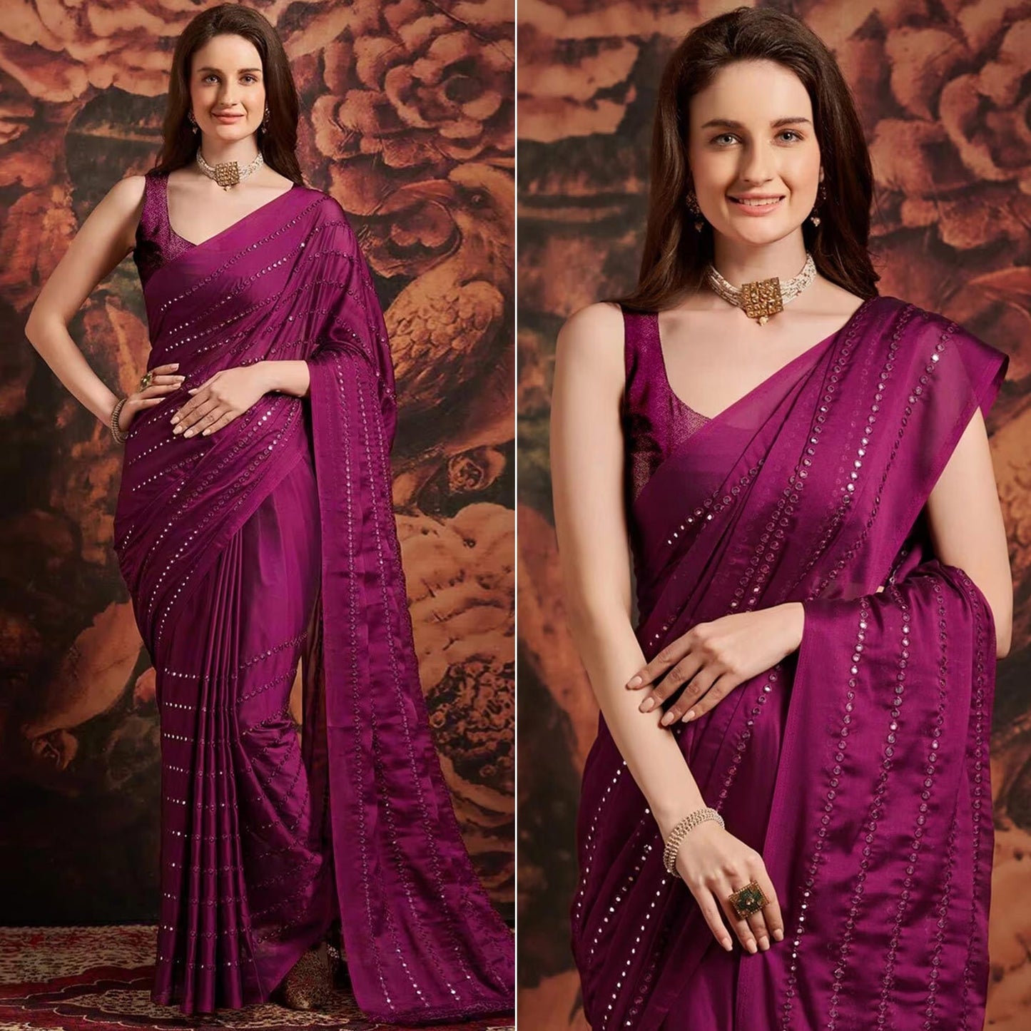 Wine Embroidered Art Silk Saree