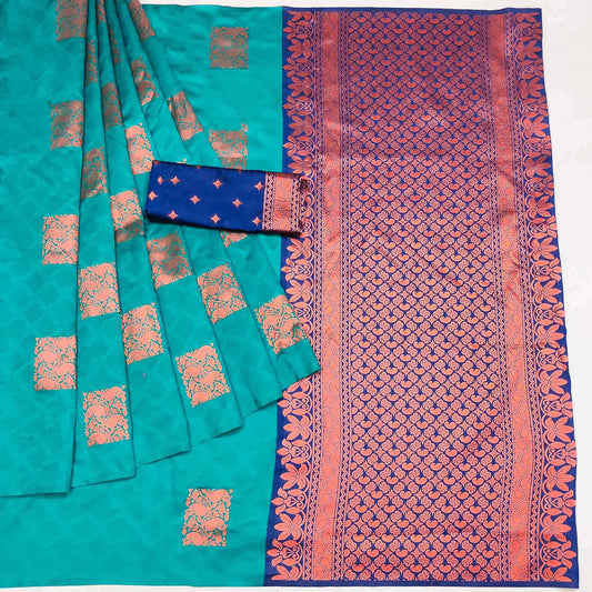 Turquoise Floral Woven Banarasi Silk Saree