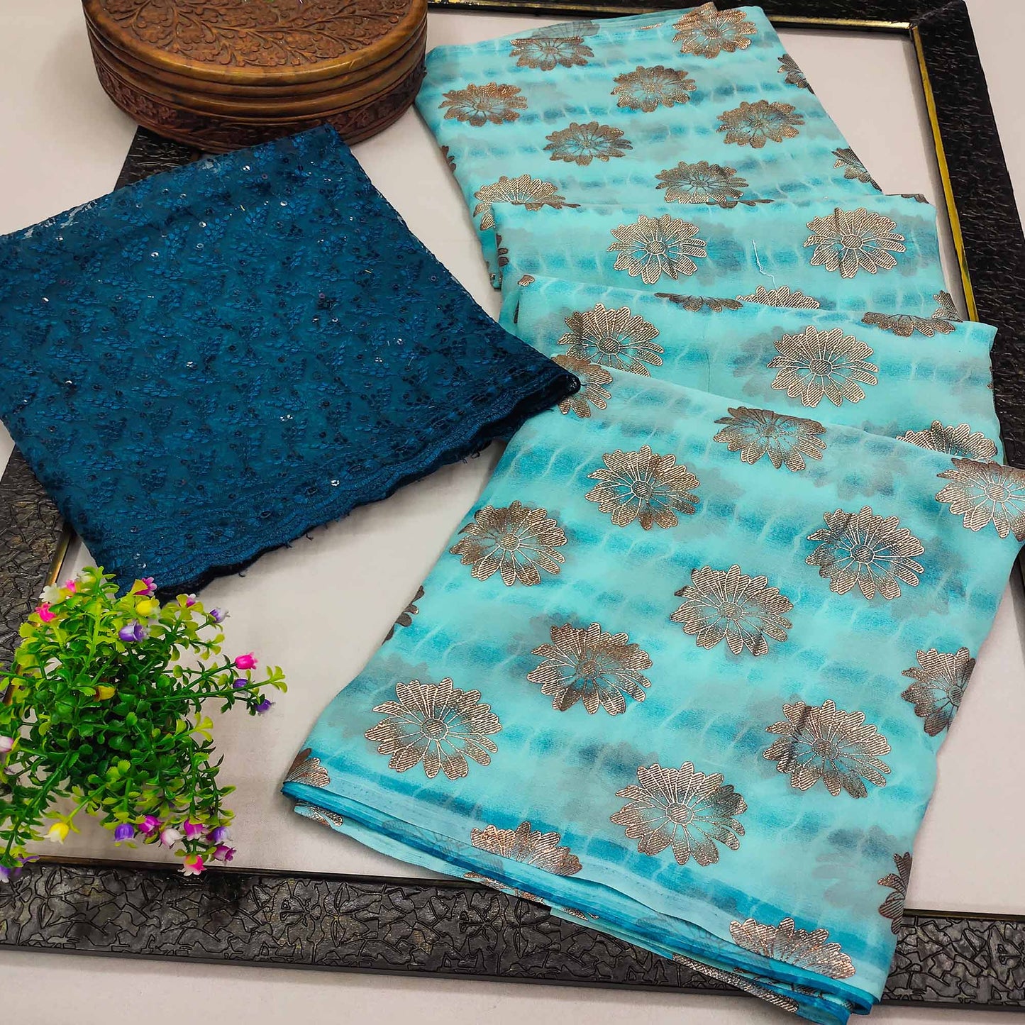 Blue Floral Foil Printed Georgette Saree