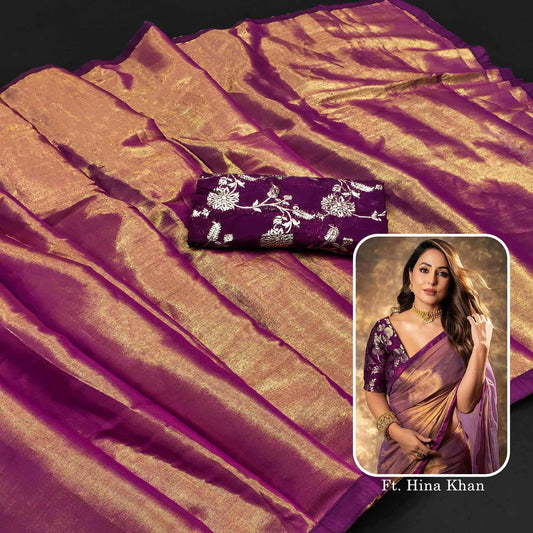 Purple Solid Net Silk Saree