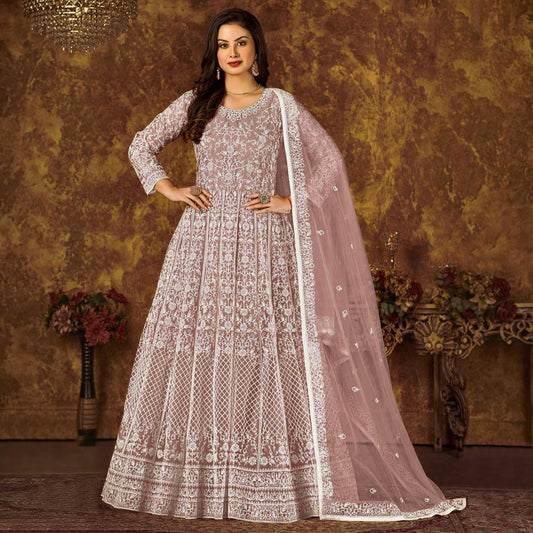 Mauve Floral Embroidered Net Semi Stitched Anarkali Suit