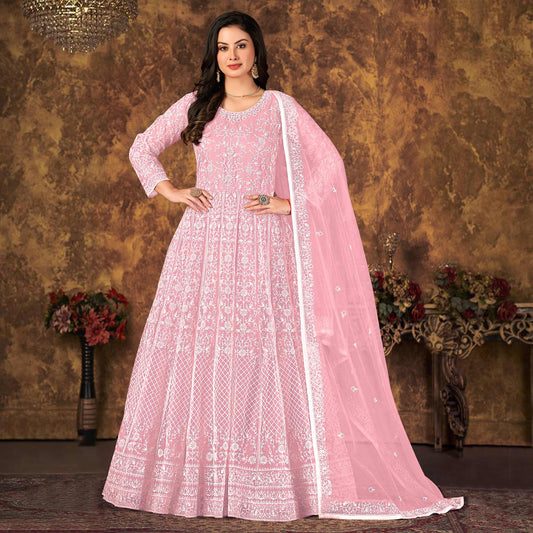 Pink Floral Embroidered Net Semi Stitched Anarkali Suit