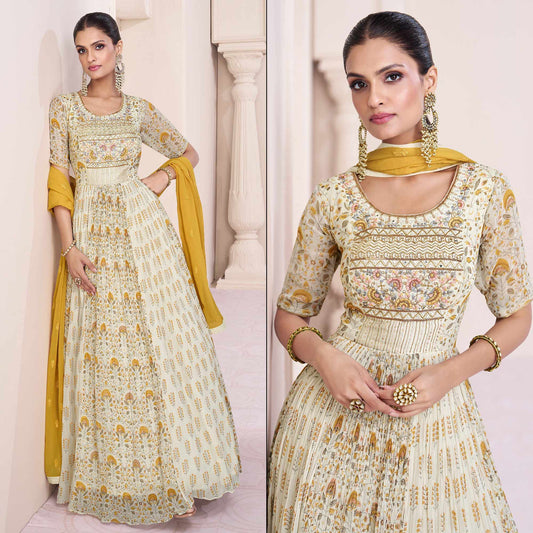 Cream Embroidered With Printed Georgette Semi Stitched Anarkali Suit