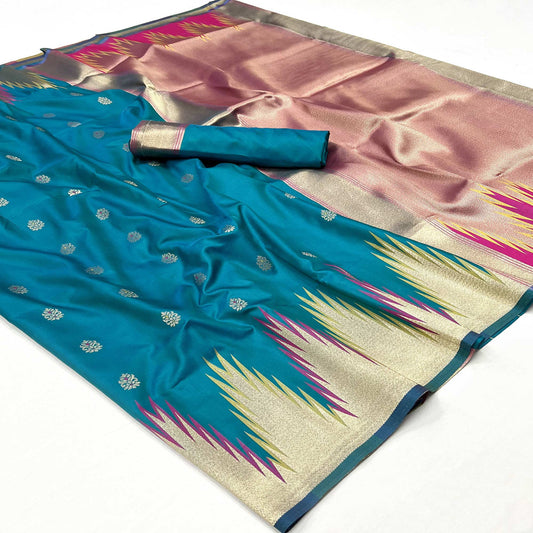 Rama Blue Floral Woven Art Silk Saree