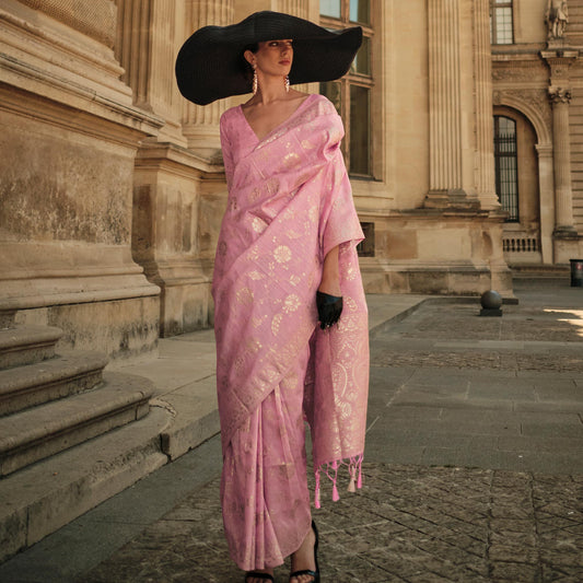 Pink Floral Woven Art Silk Saree With Tassels