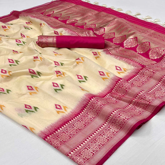 Cream Ikkat Handwoven Art Silk Saree With Tassels