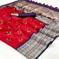 Red Ikkat Handwoven Art Silk Saree With Tassels