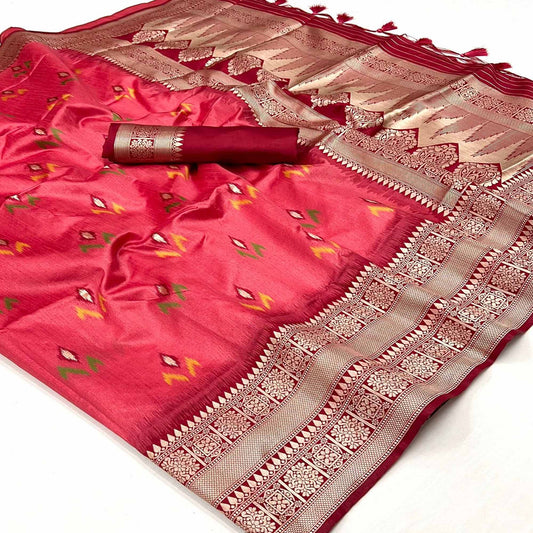 Gajri Pink Ikkat Handwoven Art Silk Saree With Tassels