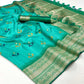 Turquoise Ikkat Handwoven Art Silk Saree With Tassels