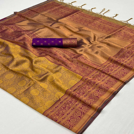 Mustard Floral Woven Art Silk Saree With Tassels