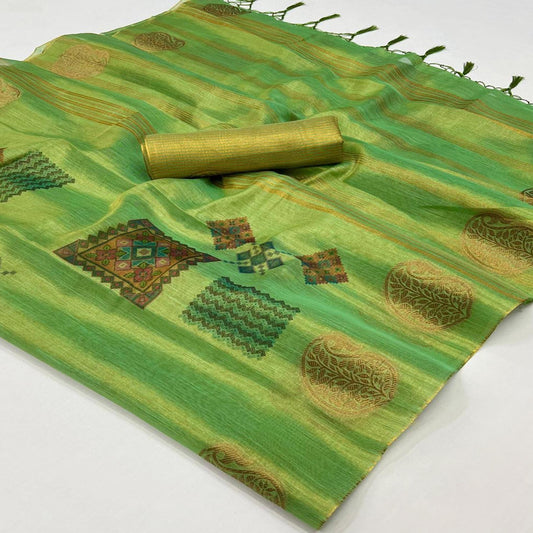 Green Woven Art Silk Saree With Digital Print