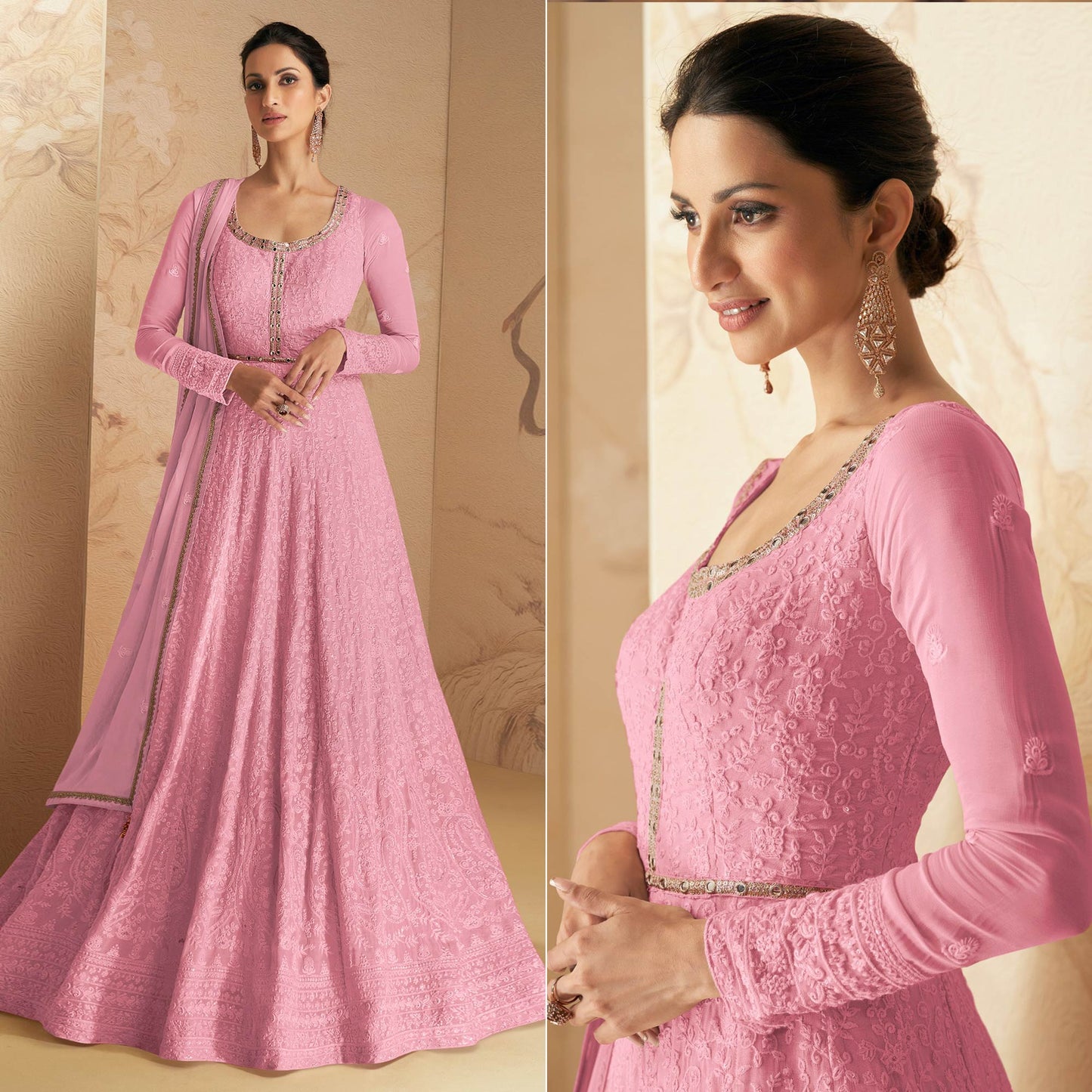 Pink Floral Embroidered Georgette Semi Stitched Anarkali Suit