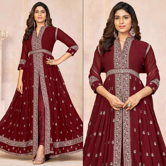 Maroon Floral Embroidered Front Slit Semi Stitched Georgette Anarkali Suit