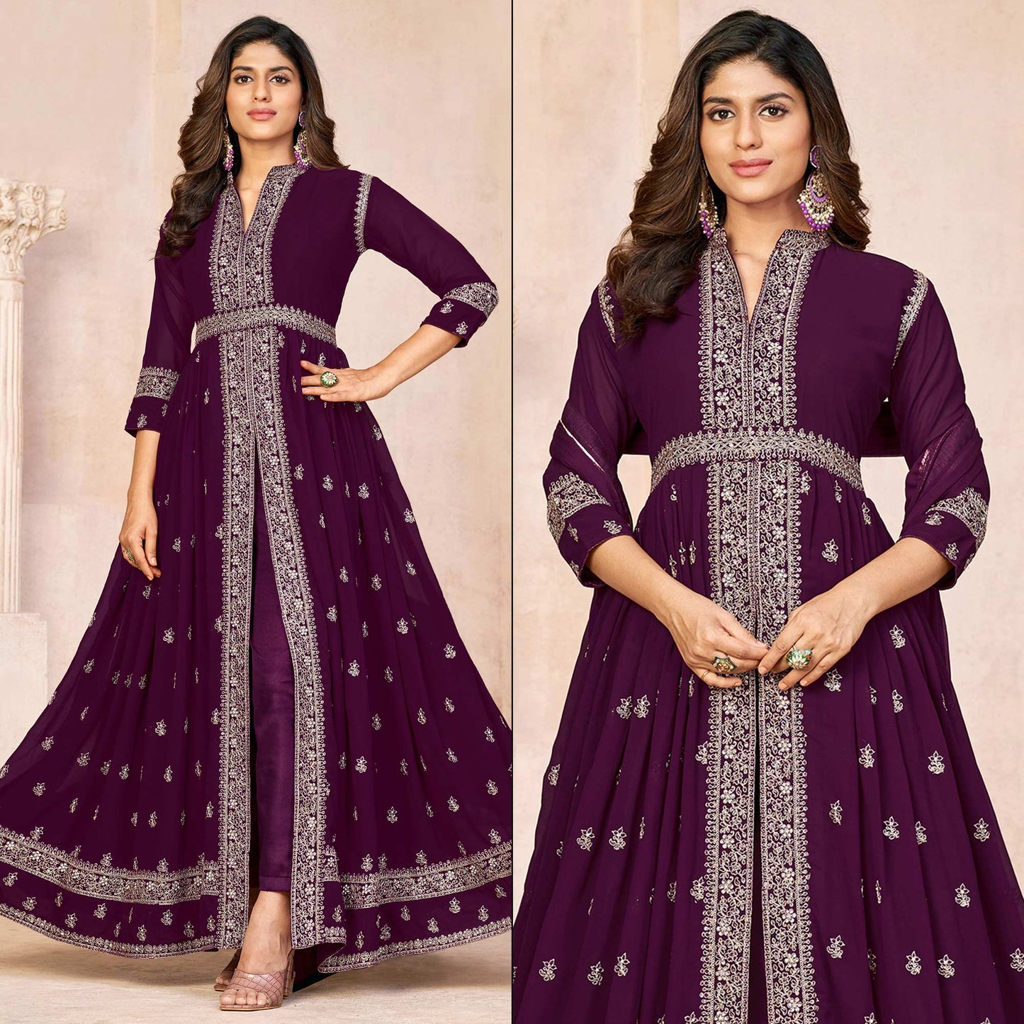 Purple Floral Embroidered Front Slit Semi Stitched Georgette Anarkali Suit