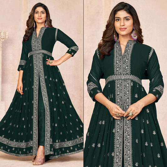 Green Floral Embroidered Front Slit Semi Stitched Georgette Anarkali Suit