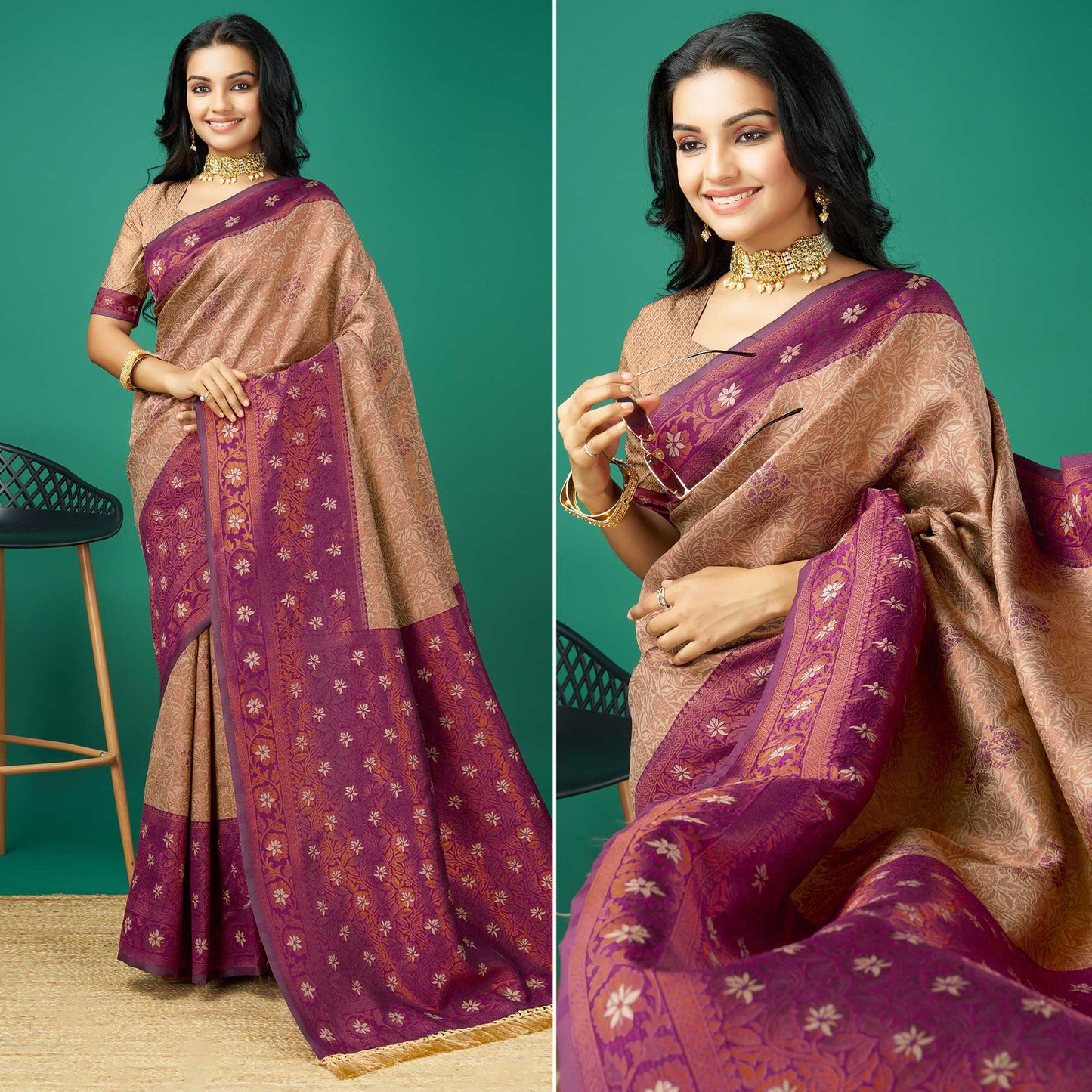 Chikoo Zari Woven Banarasi Silk Saree With Tassels