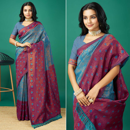 Blue Zari Woven Banarasi Silk Saree With Tassels