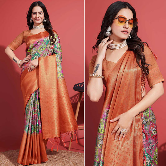 Orange Floral Digital Printed With Woven Border Banarasi Silk Saree