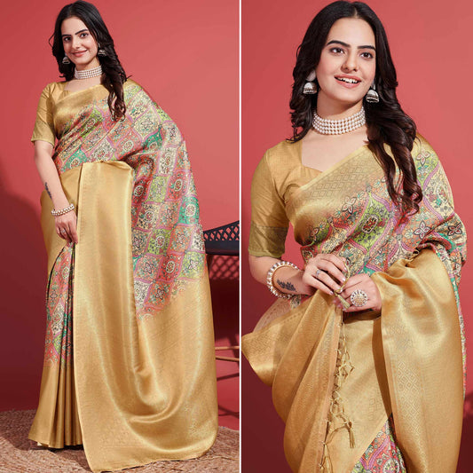 Gold Floral Digital Printed With Woven Border Banarasi Silk Saree