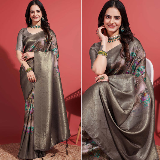 Dusty Brown Floral Digital Printed With Woven Border Banarasi Silk Saree