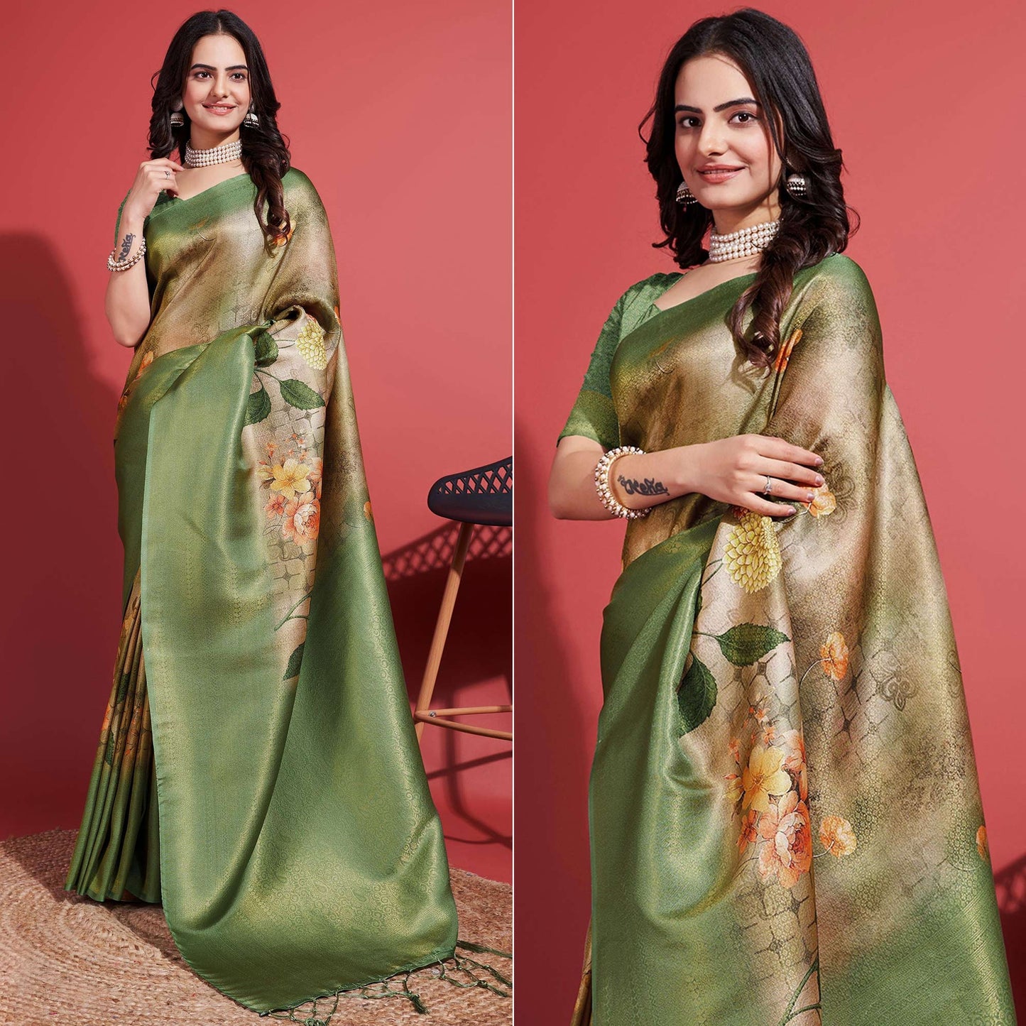 Olive Green Floral Digital Printed With Woven Banarasi Silk Saree