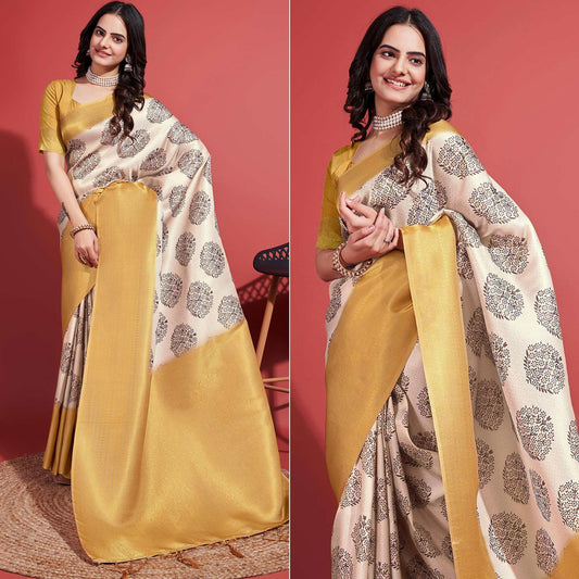 Yellow & Off White Floral Digital Printed With Woven Banarasi Silk Saree