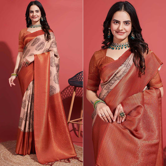 Rust & Beige Floral Digital Printed With Woven Banarasi Silk Saree