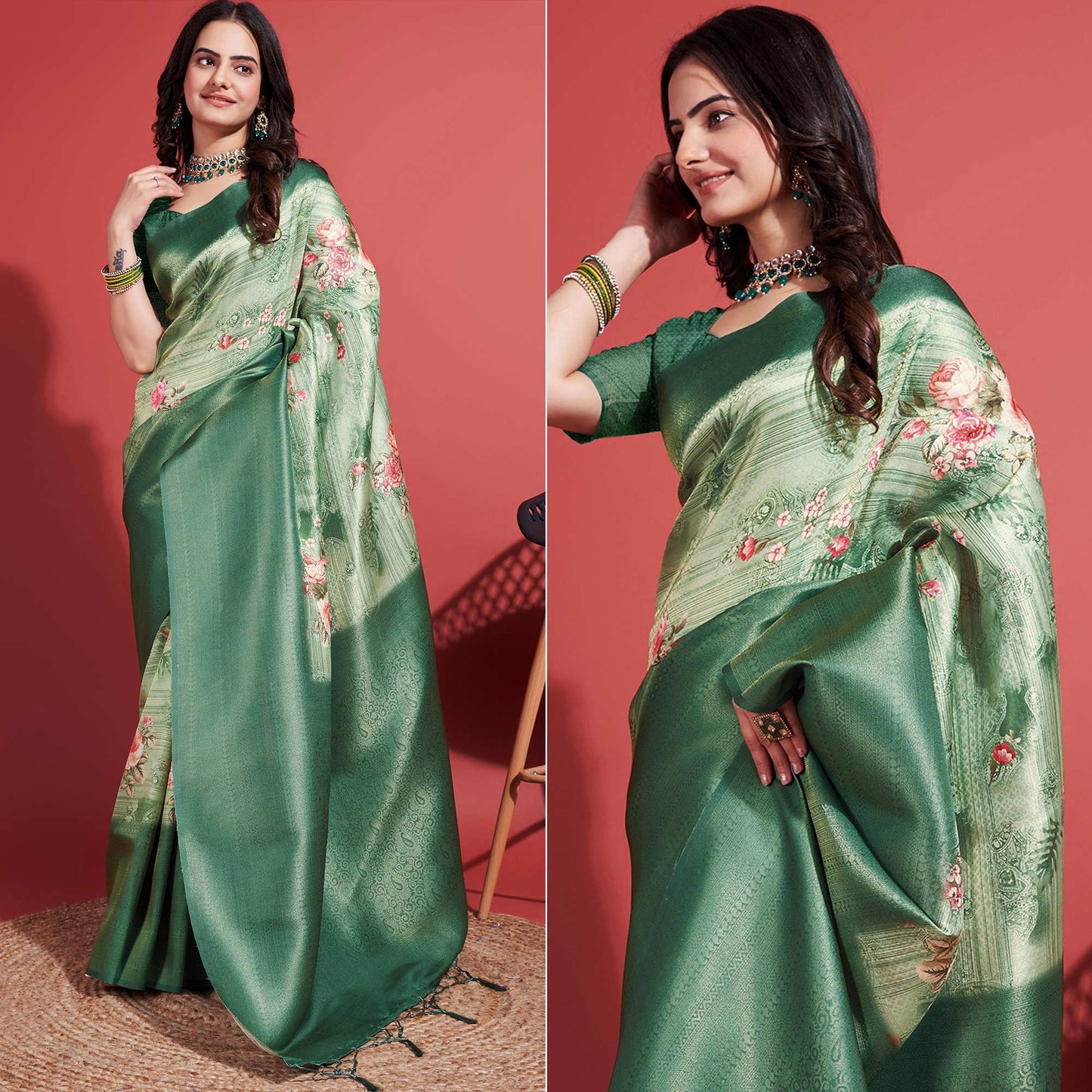 Rama Green Floral Digital Printed With Woven Banarasi Silk Saree