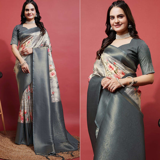 Grey Floral Digital Printed With Woven Banarasi Silk Saree