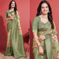 Light Olive Green Floral Digital Printed With Woven Banarasi Silk Saree