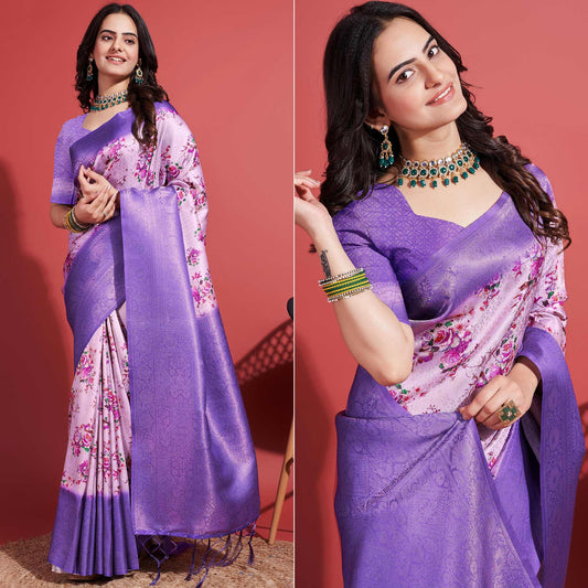 Lavender Floral Digital Printed With Woven Banarasi Silk Saree