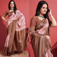 Brown & Peach Floral Digital Printed With Woven Banarasi Silk Saree