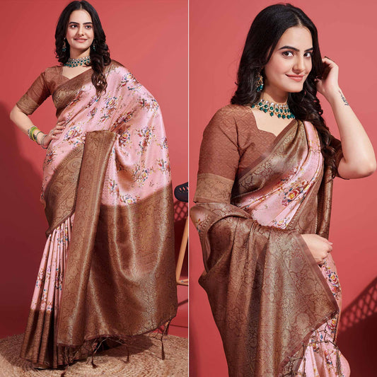 Brown & Peach Floral Digital Printed With Woven Banarasi Silk Saree