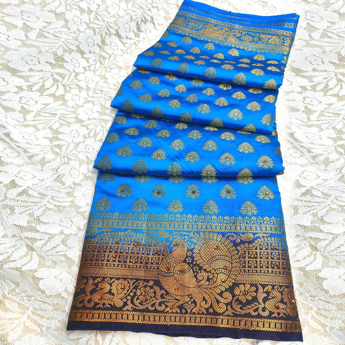 Blue Woven With Stone Work Banarasi Silk Saree