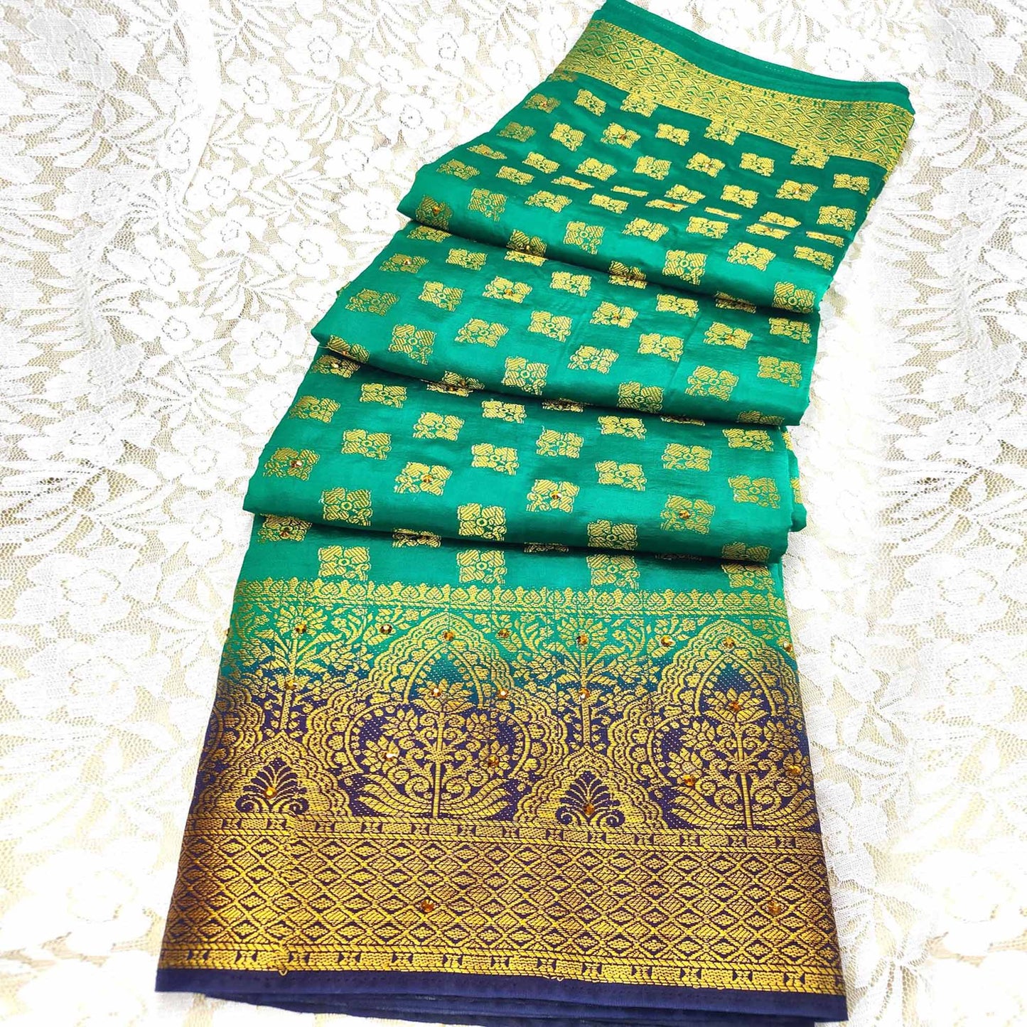 Green Woven With Stone Work Banarasi Silk Saree