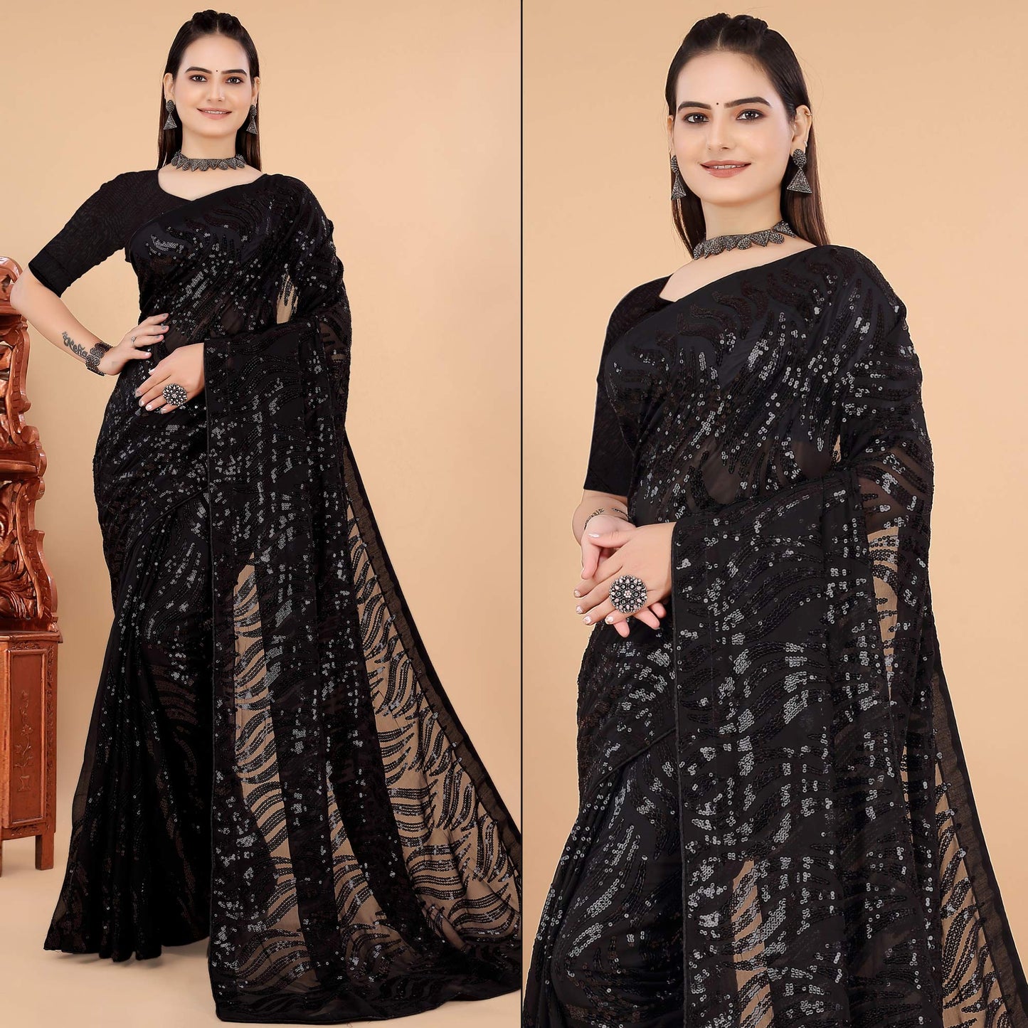 Black Sequins Embroidered Georgette Saree